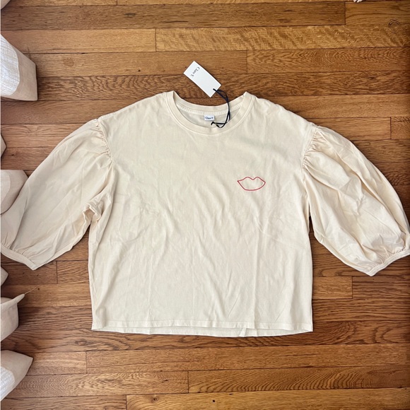 CLARE V. Embroidered Detail Balloon Sleeve Cotton Tee - Picture 7 of 8